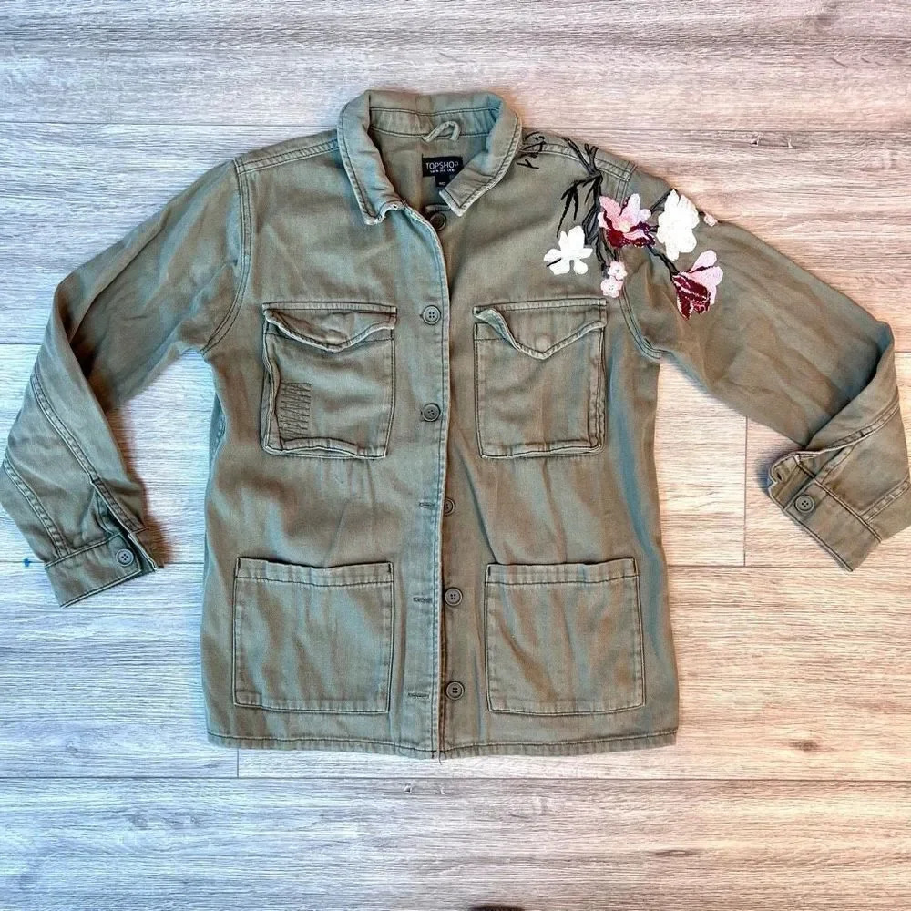 Topshop Women's Army Green Button Front Four‎ Pocket Utility Jacket Size 6